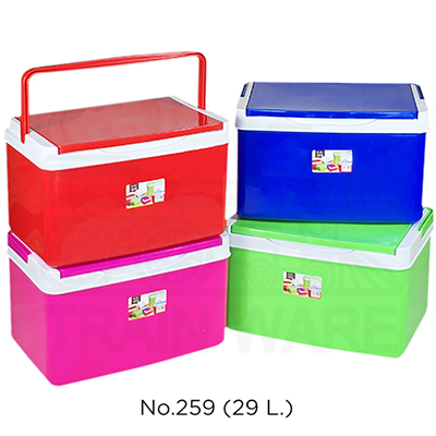 Wholesale 29L square insulated plastic coolers in red, blue, green, and pink, available in assorted colors at cheap bulk prices, featuring custom logo screen printing for premium promotional products in Thailand